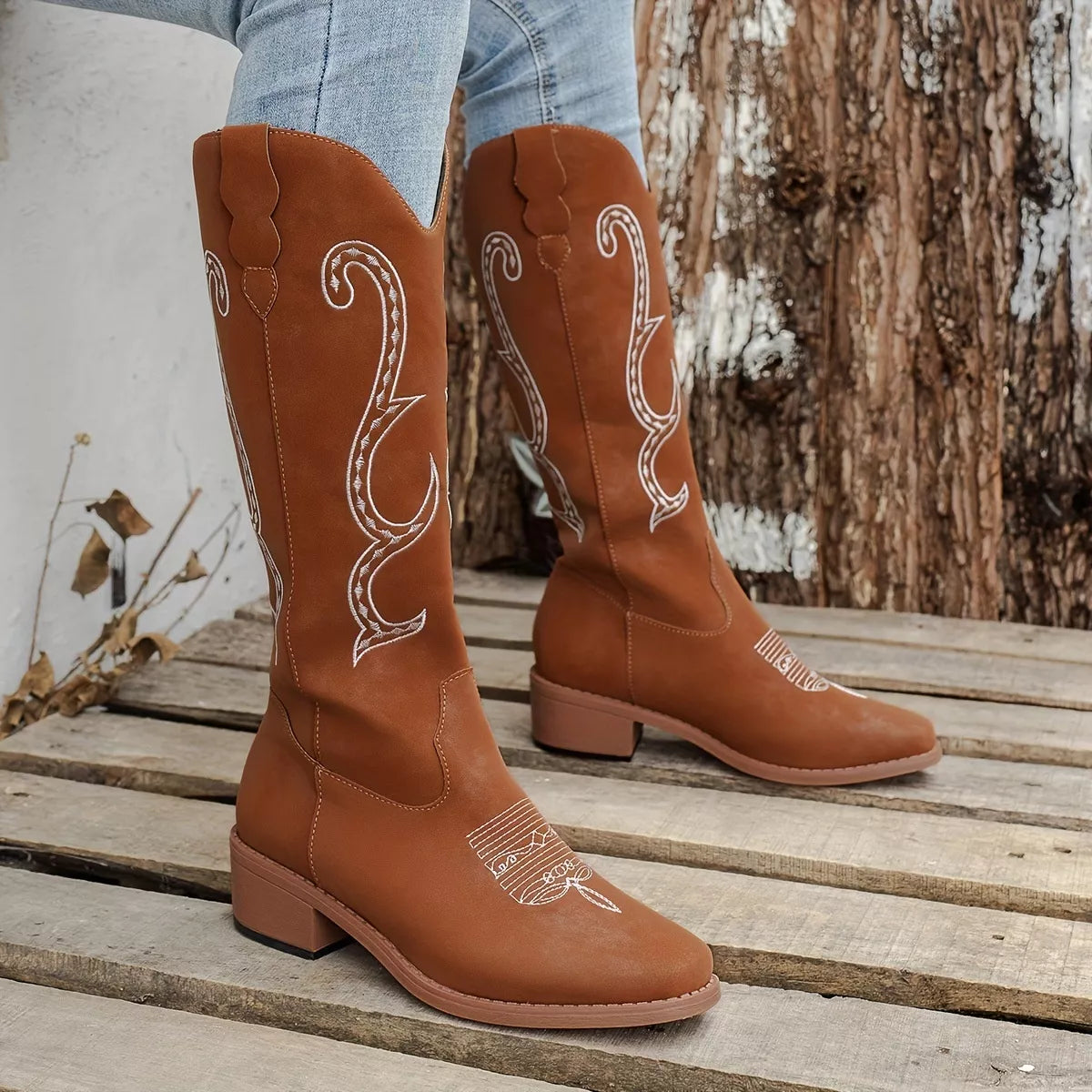 Perrin Marino — Embroidered Round Toe Block Heels Boots Fashion Footwear, alternate view 8