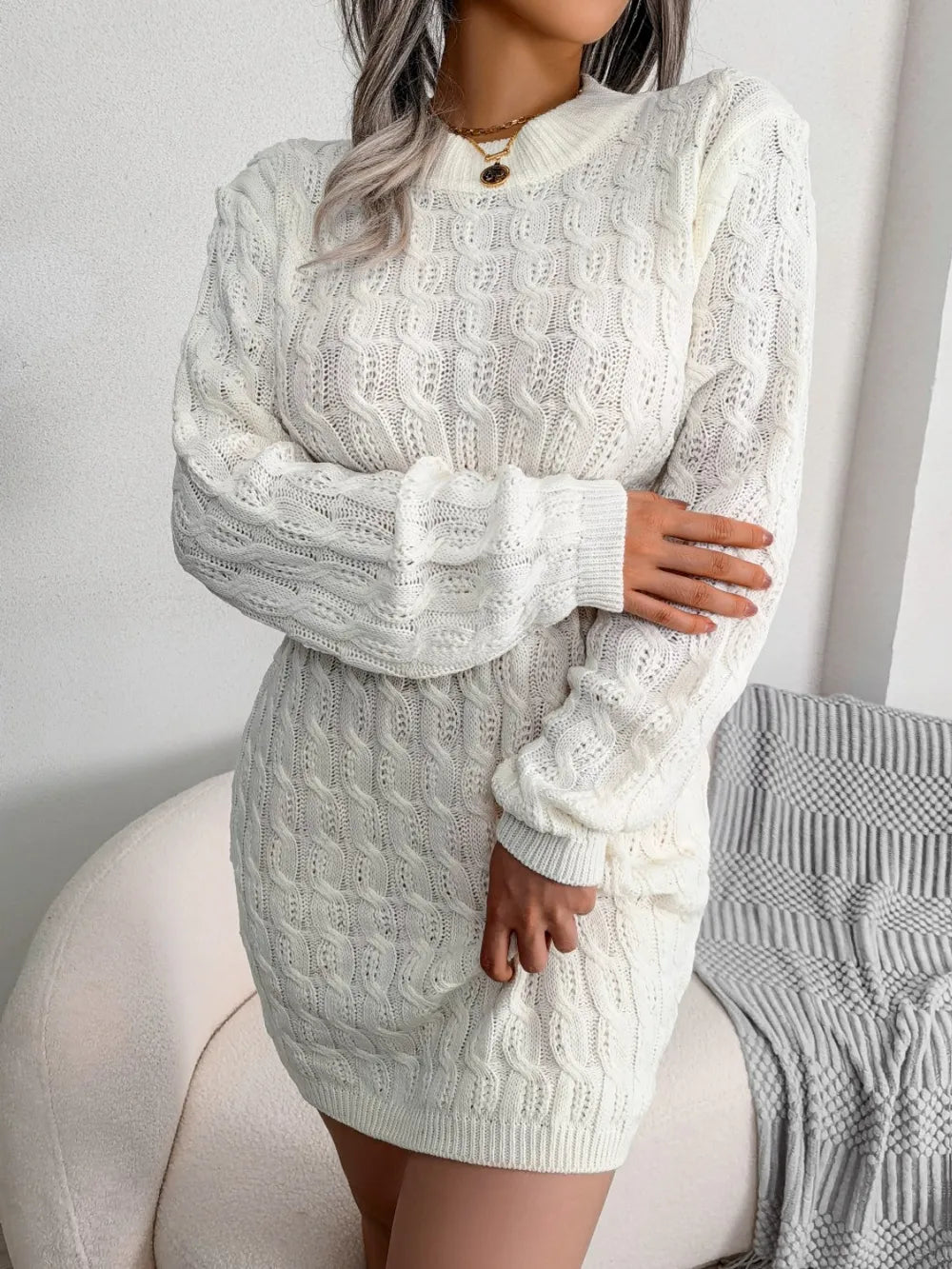 Sage Valmont — Cable-Knit Round Neck Mini Wrap Sweater Dress, alternate view 7
