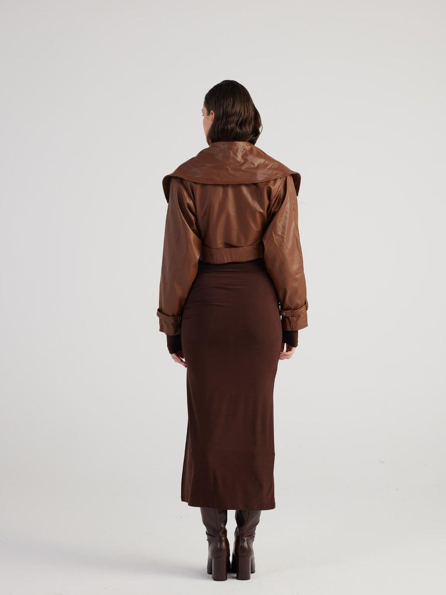 Neeko Chocolate Faux Leather Cropped Jacket-4