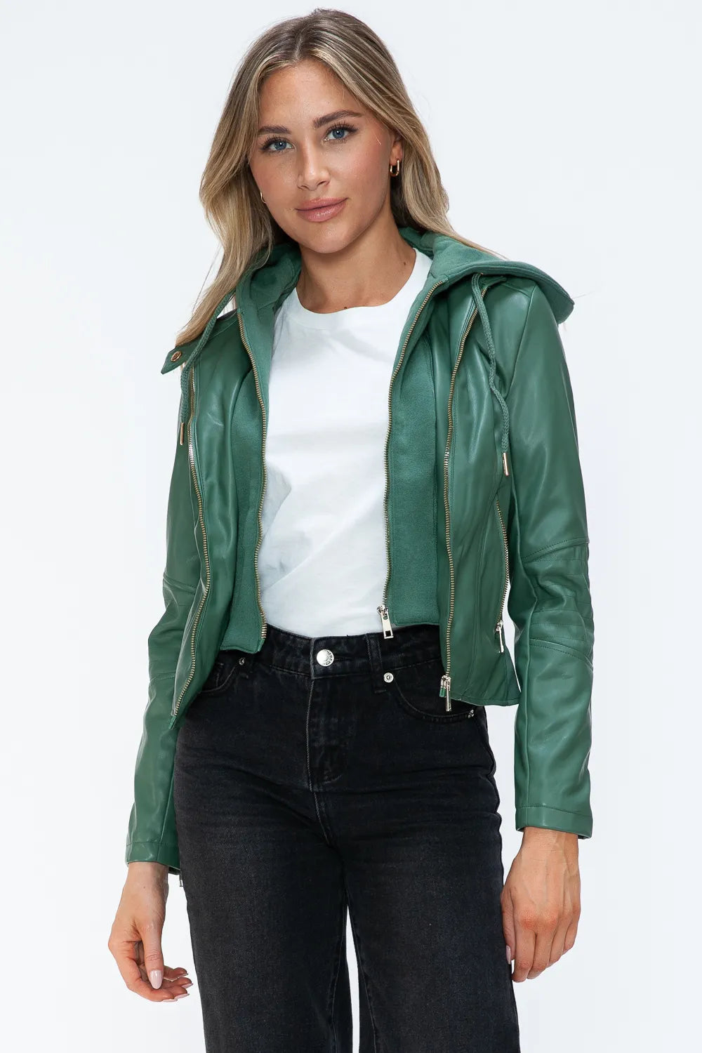 Winter Rosetti — Snobbish Faux Leather Zip Up Drawstring Hooded Jacket, alternate view 14