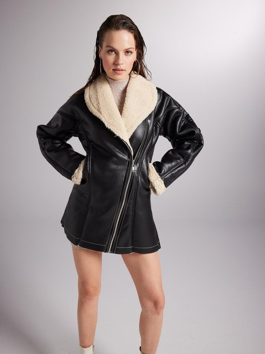 Monero Black Vegan Faux Leather Coat with Fur Lining