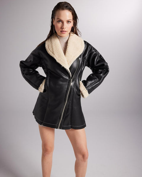 Monero Black Vegan Faux Leather Coat with Fur Lining