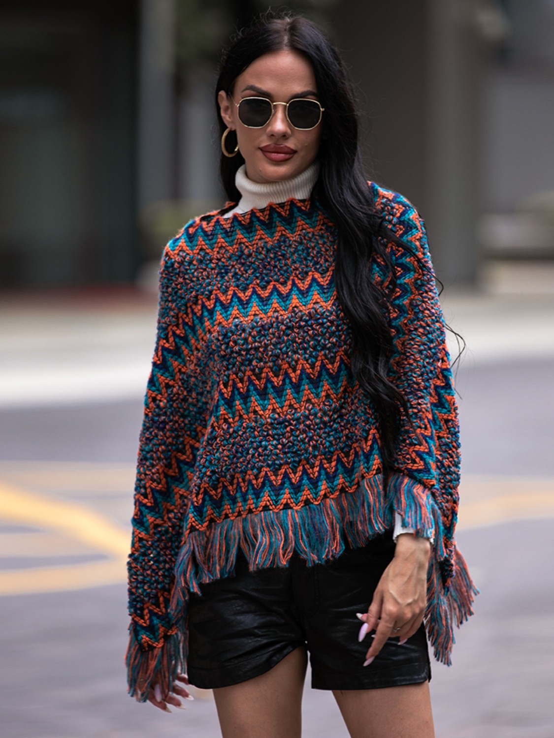 Harbor Versailles — Shiny Fringe Hem Boat Neck Poncho