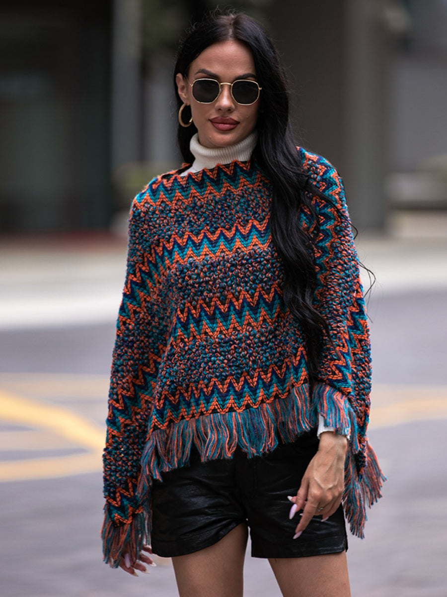 Harbor Versailles — Shiny Fringe Hem Boat Neck Poncho