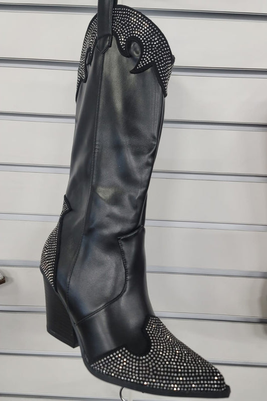 Weeboo Chunky Heel Rhinestone Decor Western Boots - Opulent Empire