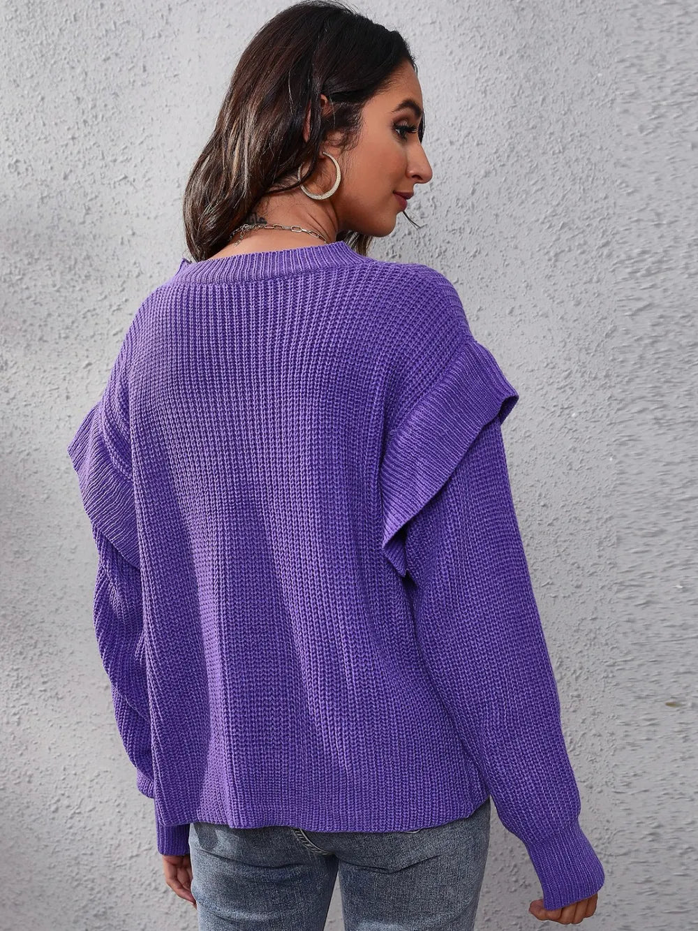 Harbor Bellamy — Ruffled Round Neck Dropped Shoulder Sweater, alternate view 2