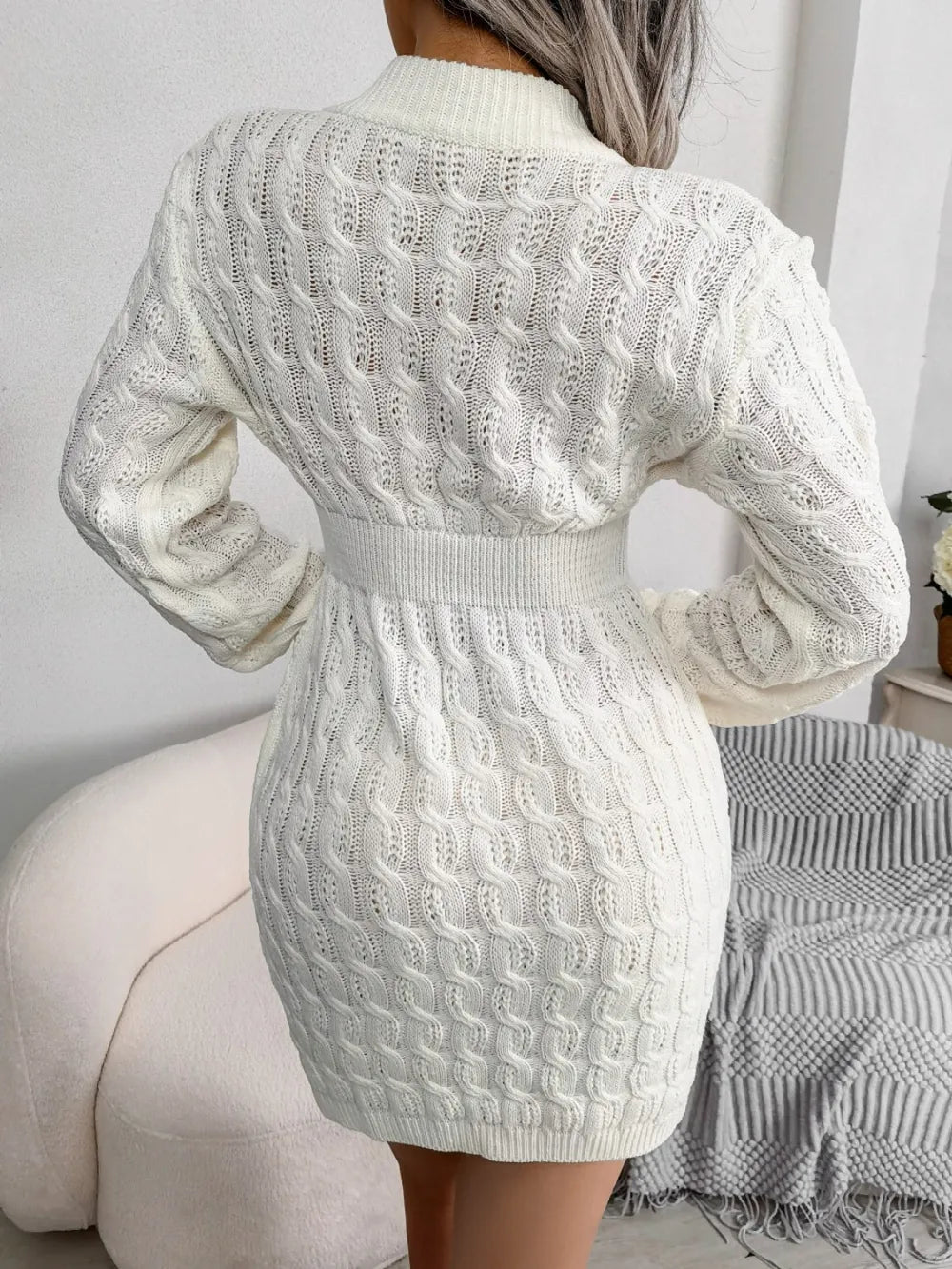 Sage Valmont — Cable-Knit Round Neck Mini Wrap Sweater Dress, alternate view 9