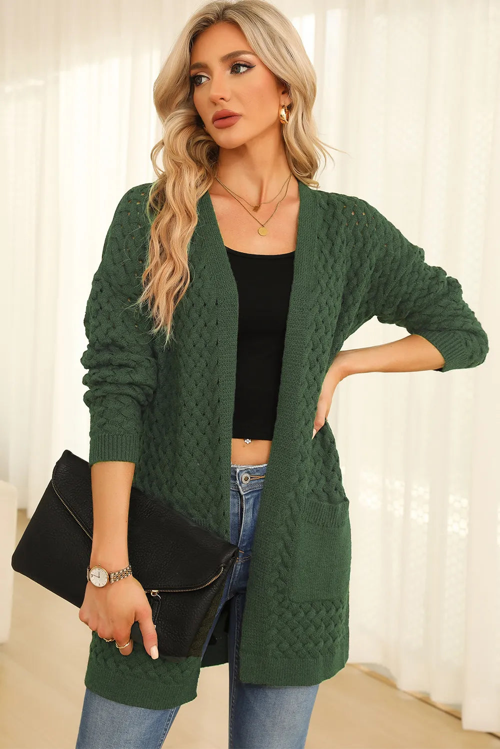 Perrin Delacroix — Open Front Dropped Shoulder Cardigan with Pockets, alternate view 15