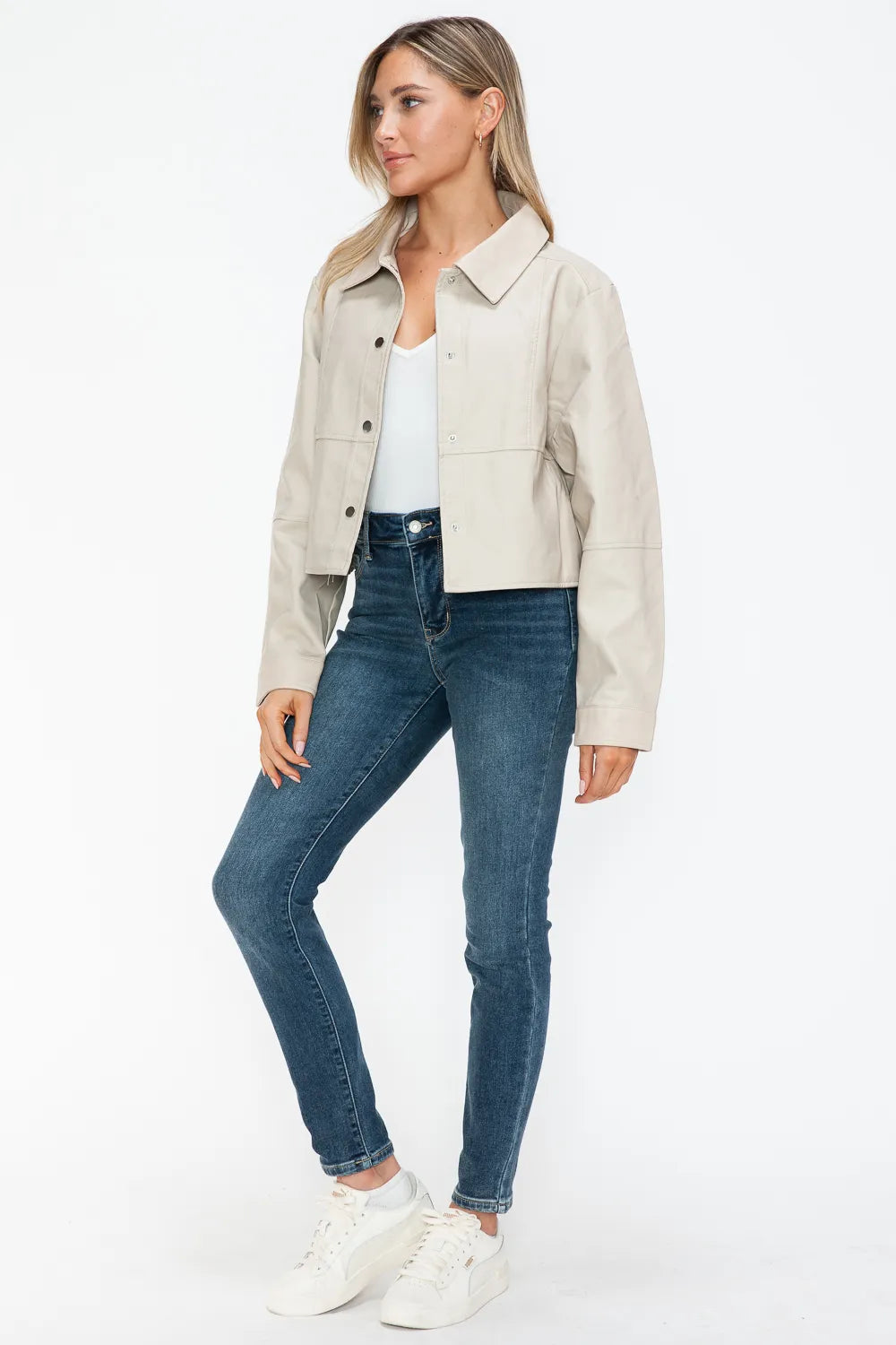 Ellis Rosetti — Snobbish Snap Down Long Sleeve PU Leather Jacket, alternate view 11
