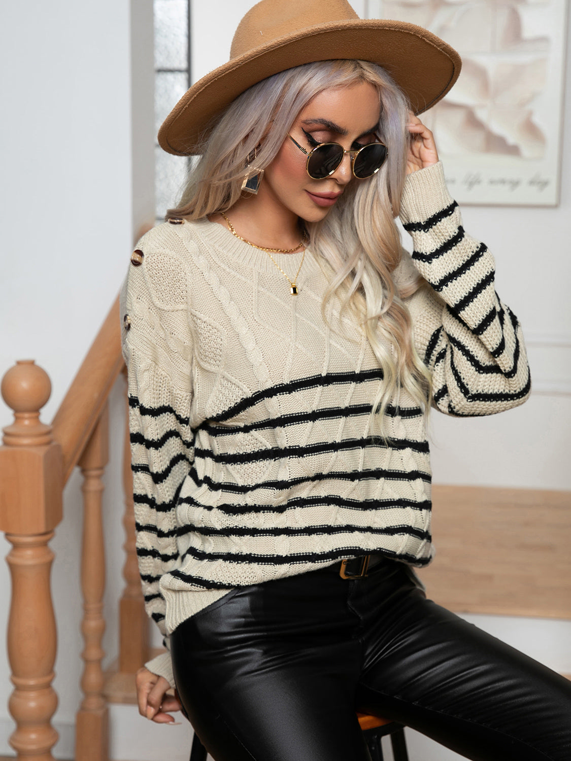 Indigo Bellamy — Striped Round Neck Cable-Knit Sweater, alternate view 4
