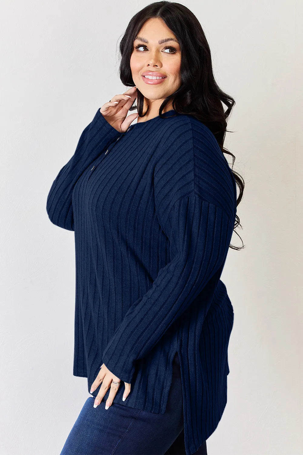 Noa Rousseau — Basic Bae Full Size Ribbed Half Button Long Sleeve High-Low T-Shirt, alternate view 33