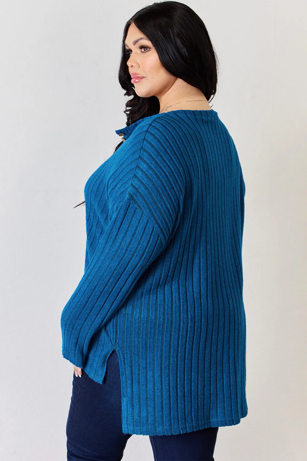 Noa Rousseau — Basic Bae Full Size Ribbed Half Button Long Sleeve High-Low T-Shirt, alternate view 7