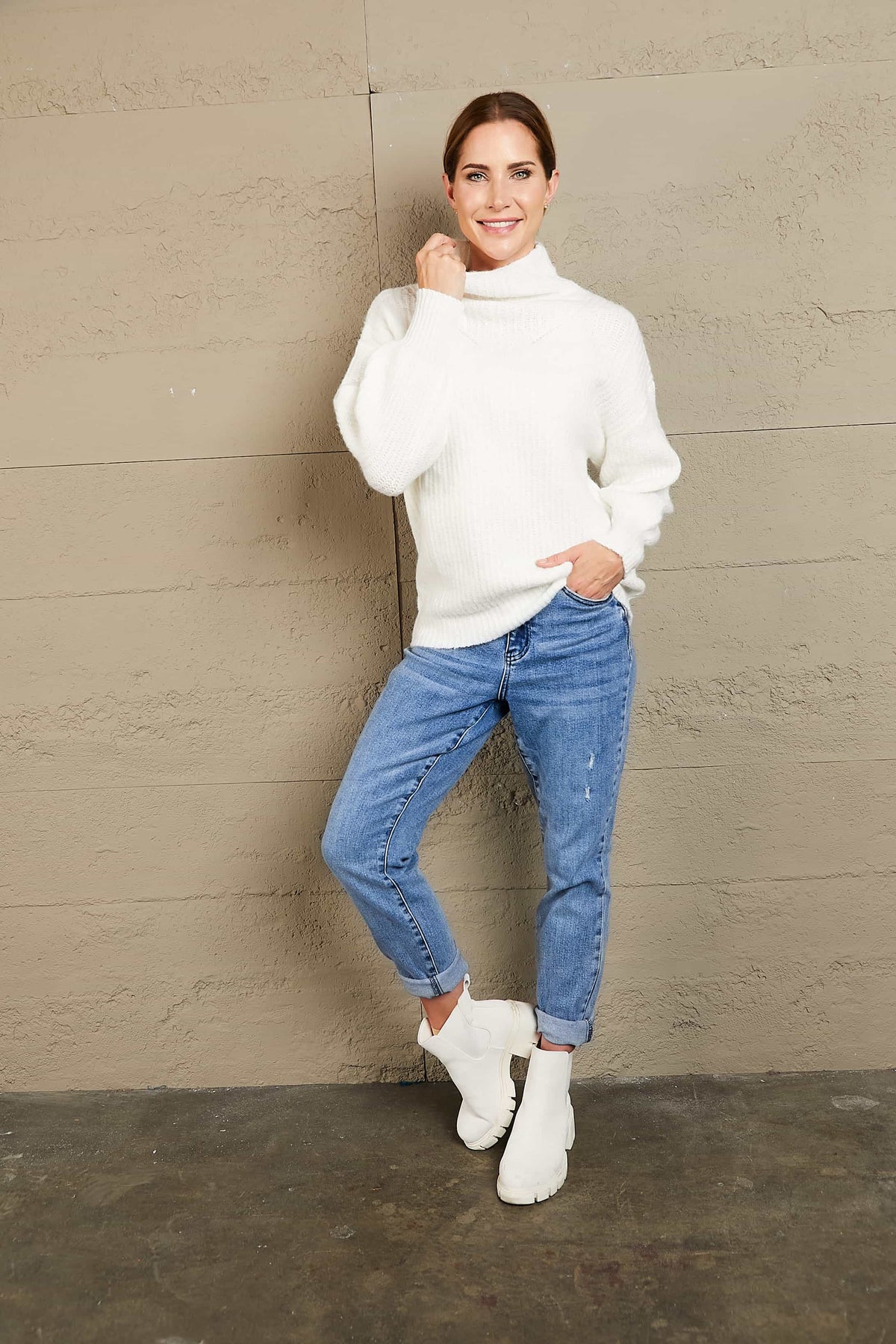 Perrin Moreau — Woven Right High Neck Balloon Sleeve Rib-Knit Pullover Sweater, alternate view 4