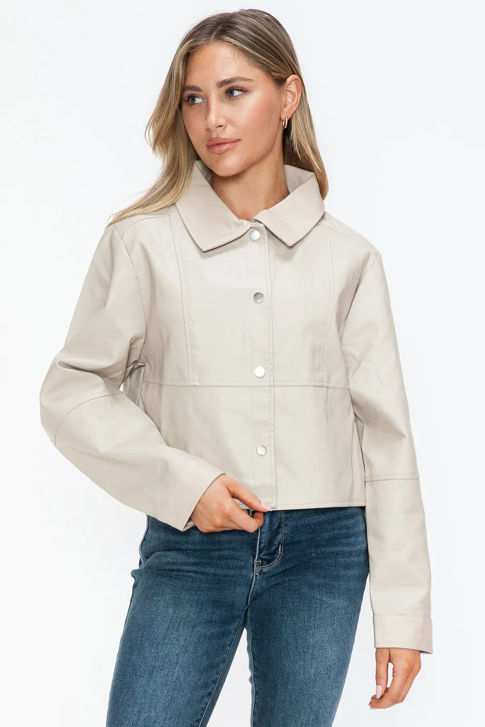 Ellis Rosetti — Snobbish Snap Down Long Sleeve PU Leather Jacket, alternate view 4