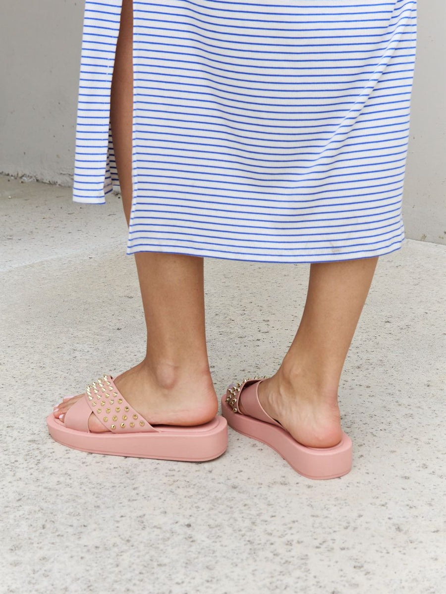 Forever Link Studded Cross Strap Sandals in Blush - Opulent Empire