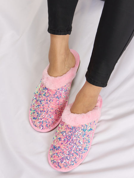 Forever Link Sequin Plush Round Toe Slippers - Opulent Empire