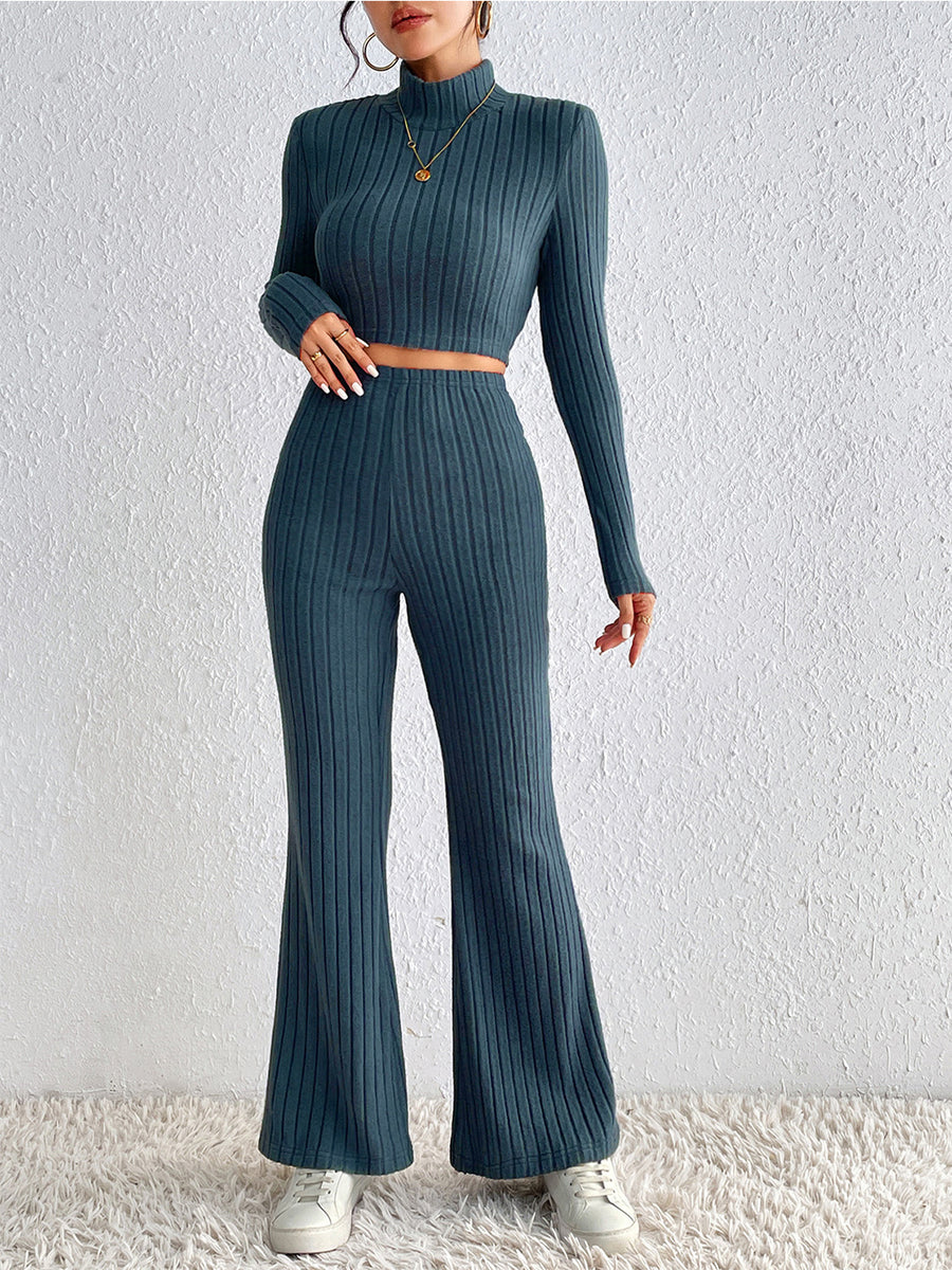 Honey Ribbed Mock Neck Cropped Sweater & High Waist Pants Set