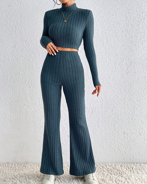 Honey Ribbed Mock Neck Cropped Sweater & High Waist Pants Set