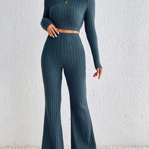 Honey Ribbed Mock Neck Cropped Sweater & High Waist Pants Set