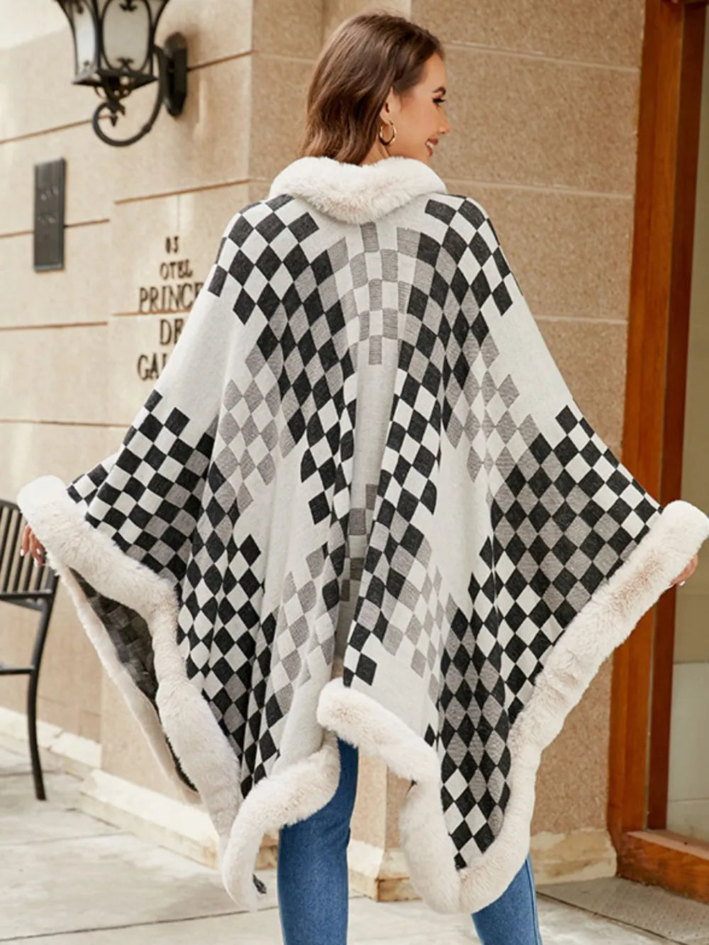 Ivory Versailles — Fuzzy Checkered Long Sleeve Poncho, alternate view 4