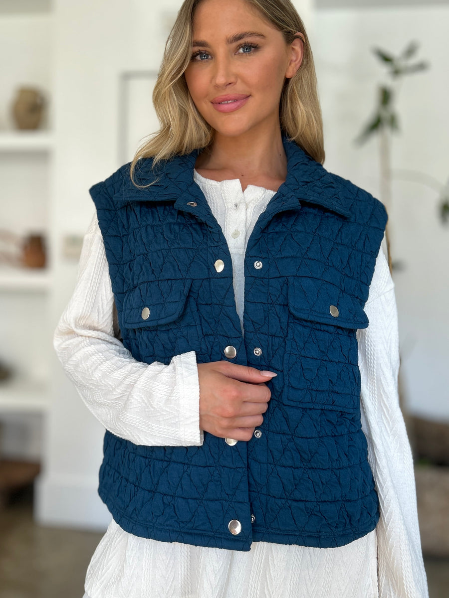 Double Take Full Size Pocketed Texture Snap Down Vest Coat