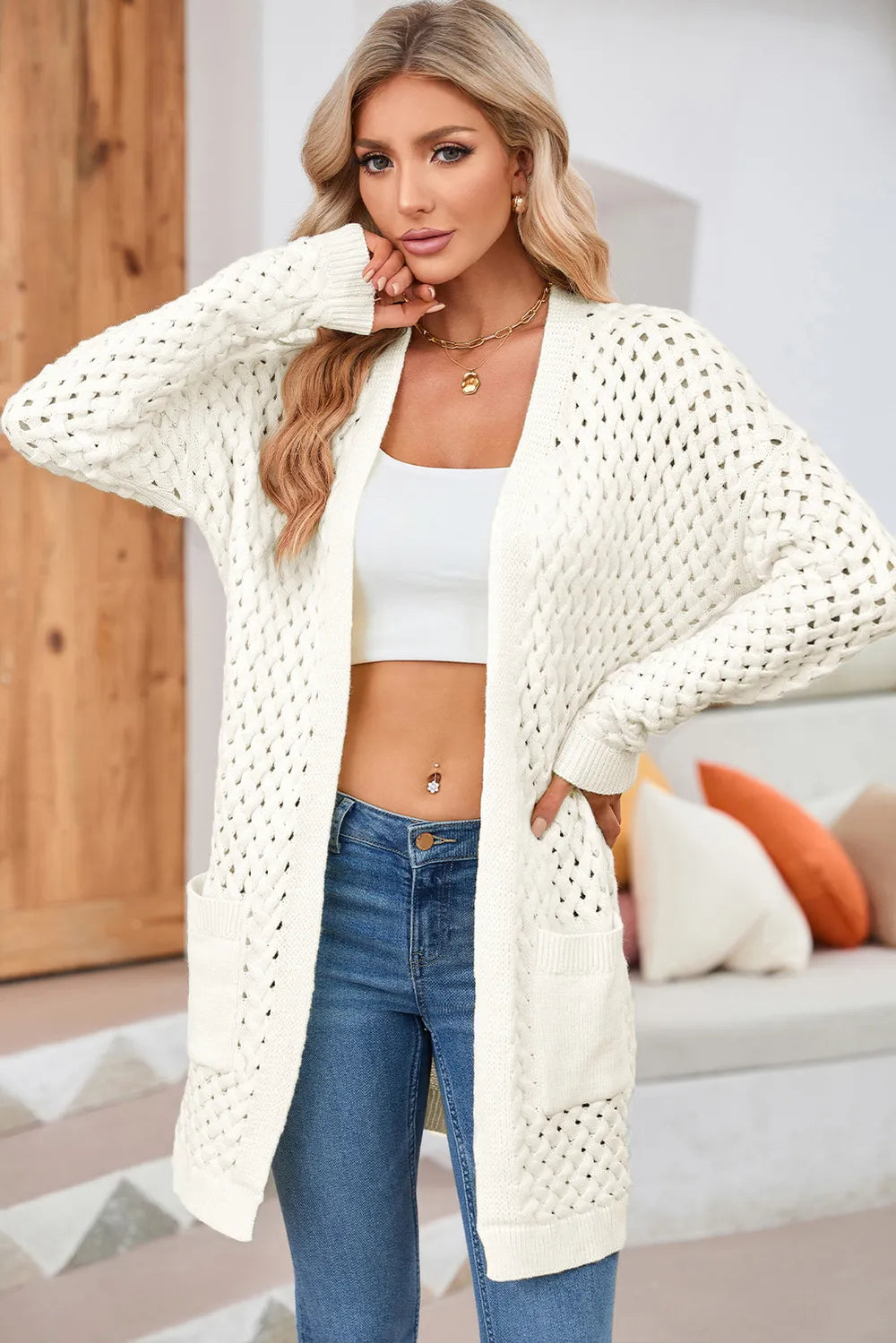 Perrin Delacroix — Open Front Dropped Shoulder Cardigan with Pockets, alternate view 8
