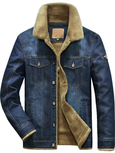 Men's Denim Jacket with Velvet Lining and Fur Collar, Slim Fit Outerwear