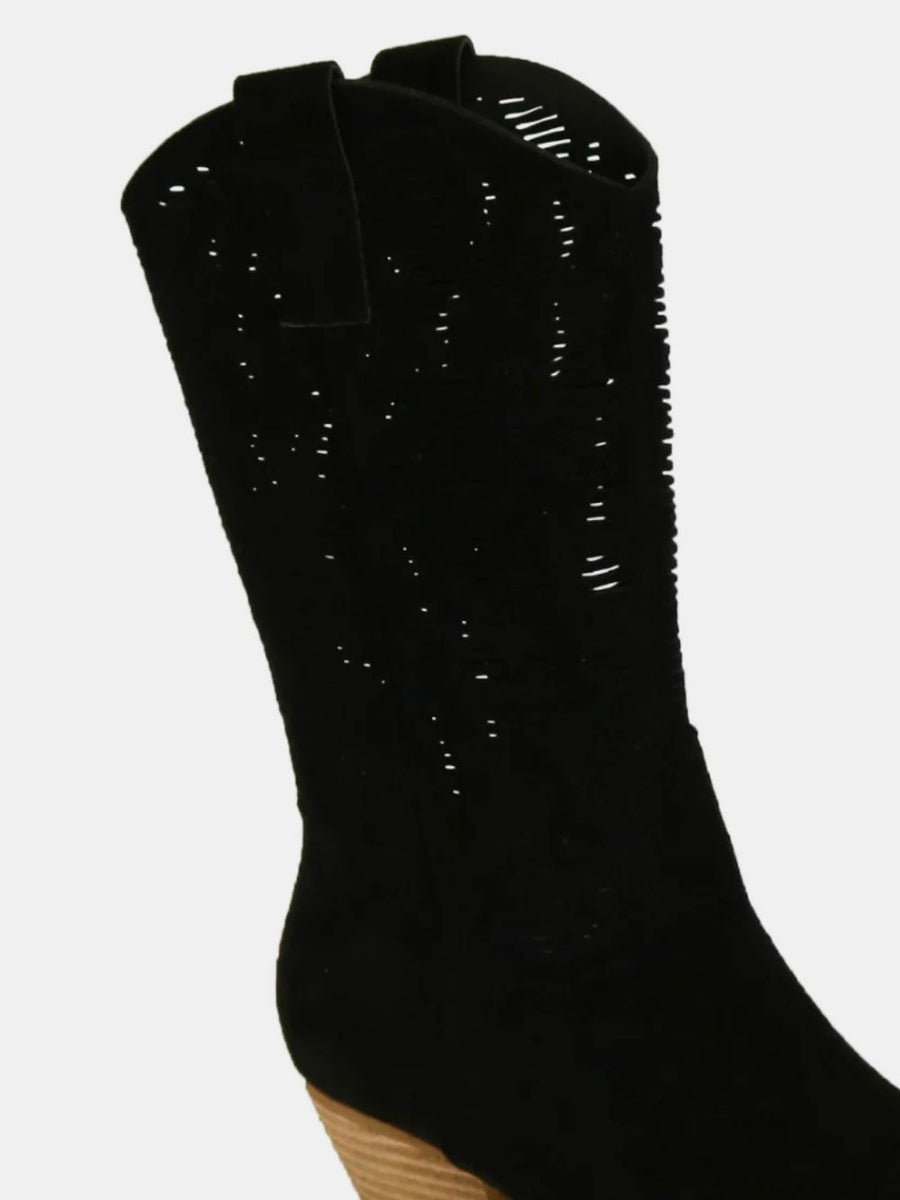 Beast Fashion Faux Suede Laser Cut Detail Block Heel Boots - Opulent Empire