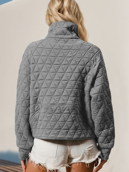 Double Take Half Zip Long Sleeve Quilted Sweatshirt with Pocket