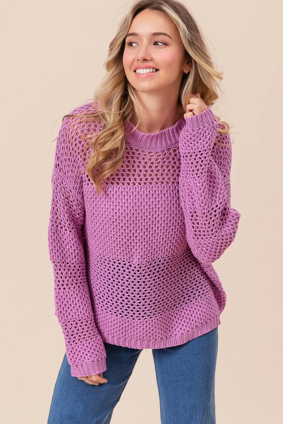 Ivory Rivière — BiBi Openwork Long Sleeve Knit Top