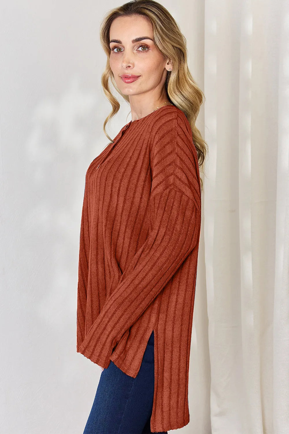 Noa Rousseau — Basic Bae Full Size Ribbed Half Button Long Sleeve High-Low T-Shirt, alternate view 24