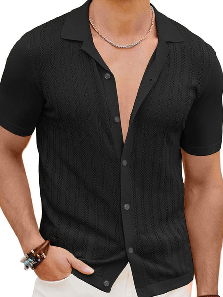 Men's Full Size Openwork Button Down Short Sleeve Shirt Plus Size - Opulent Empire