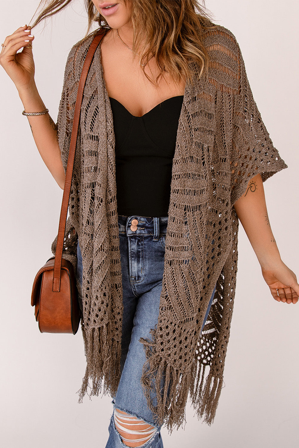 Indigo Versailles — Fringe Hem Slit Open Front Cardigan, alternate view 9