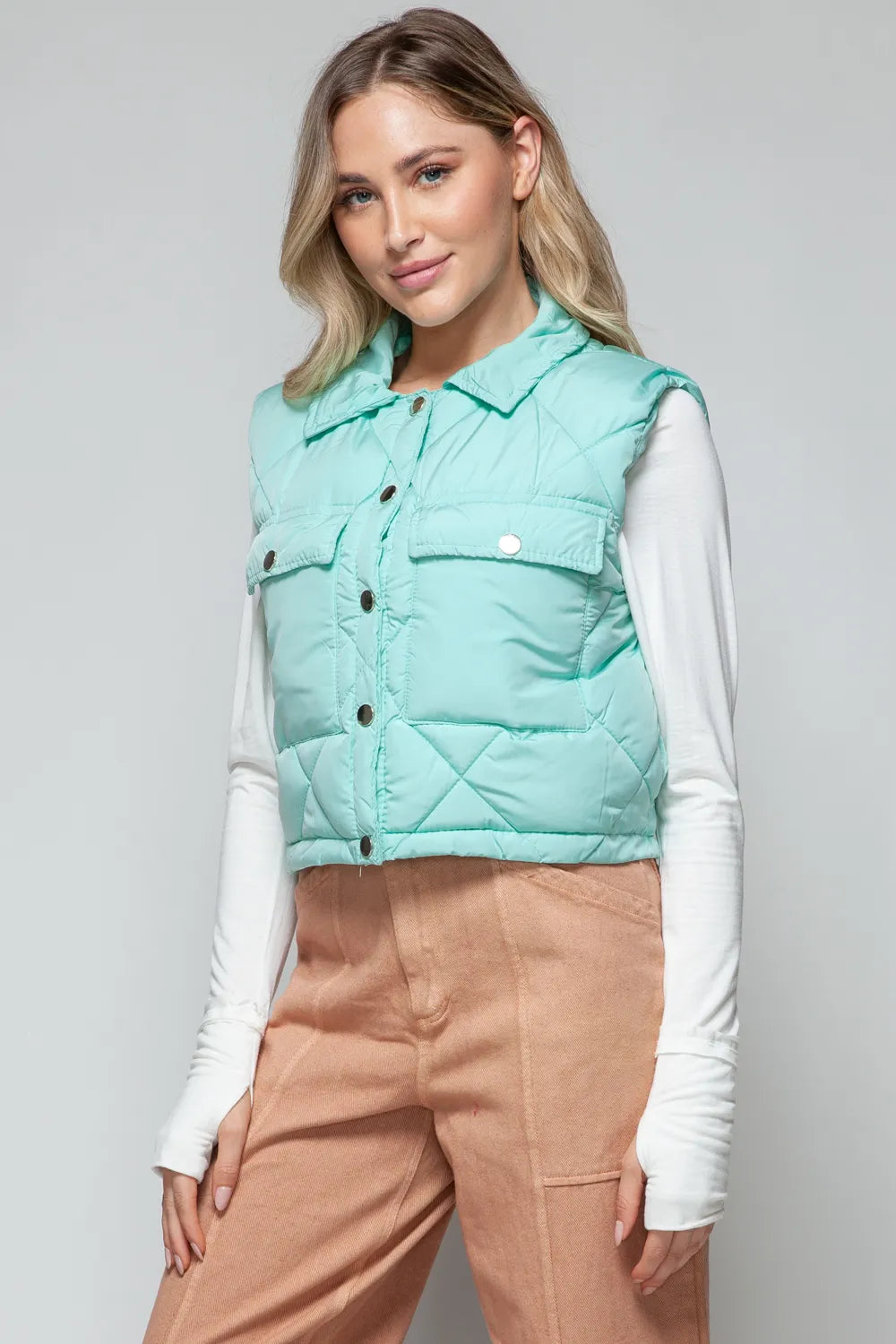 Rowan Rosetti — Snobbish Snap Down Quilted Crop Vest Green Coat or Jacket, alternate view 4