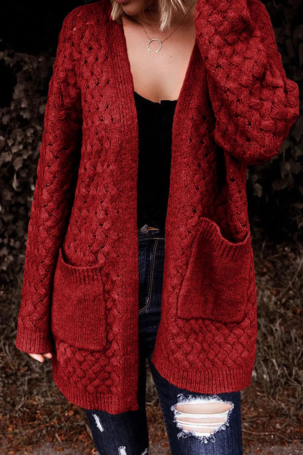 Perrin Delacroix — Open Front Dropped Shoulder Cardigan with Pockets, alternate view 29