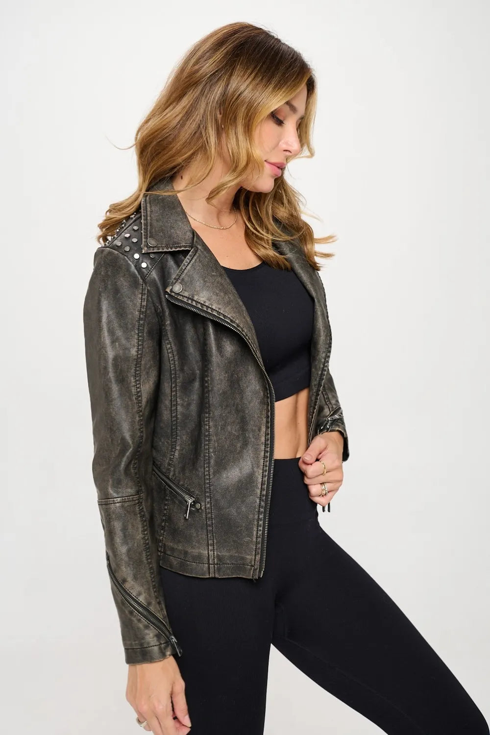 Quinn Saint-Clair — Coalition LA Studded Classic Moto Faux Leather Jacket, alternate view 3