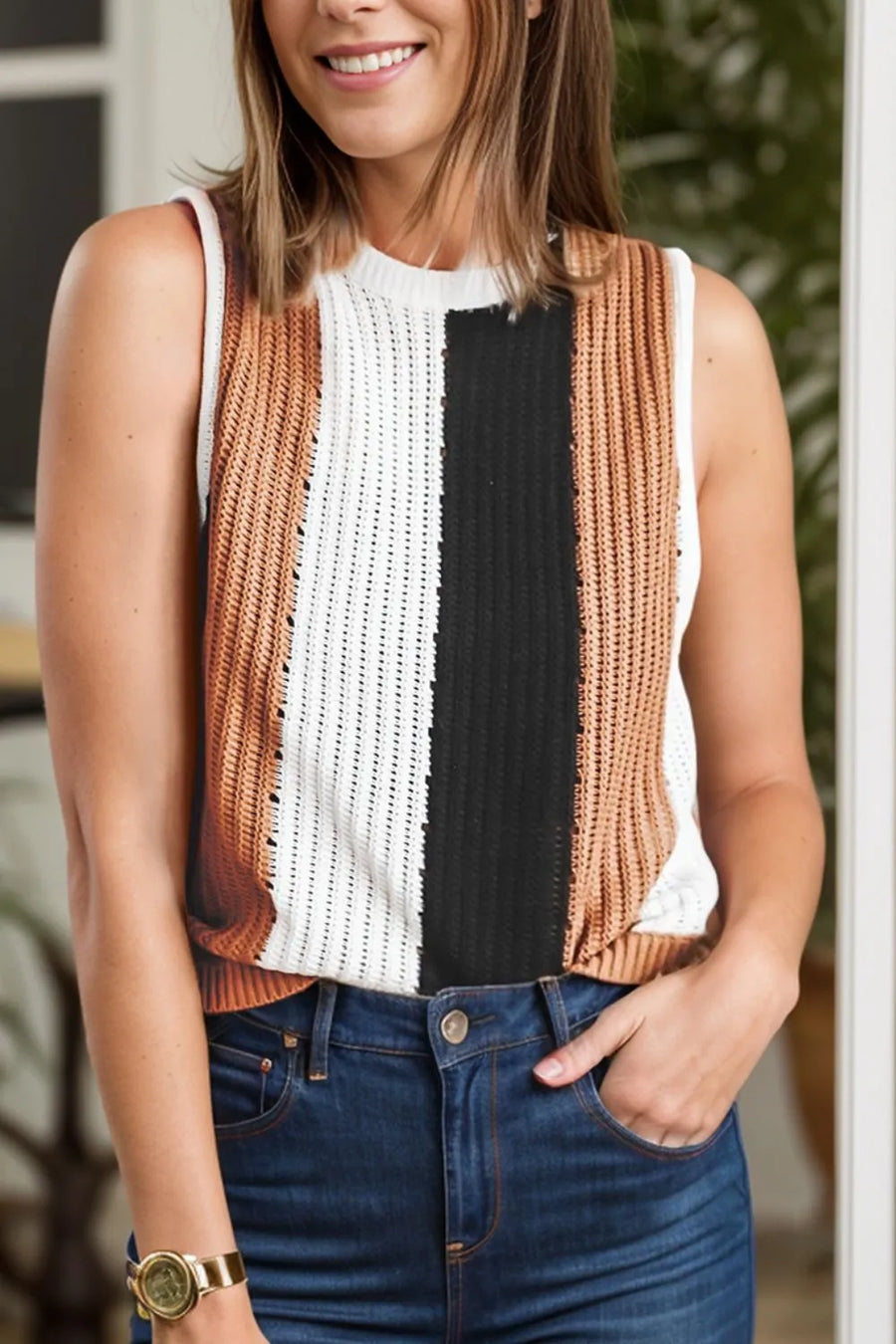 Jules Moreau — Color Block Round Neck Sweater Vest