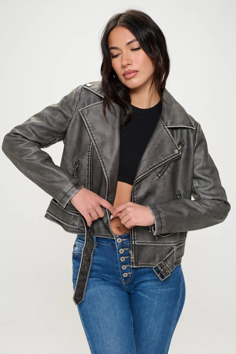 Cove Saint-Clair — Coalition LA Zip Up Biker Jacket with Belt, alternate view 3