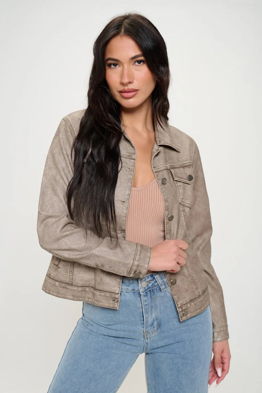 Harbor Saint-Clair — Coalition LA Button Down Cargo Vegan Leather Shacket Khaki Shirt