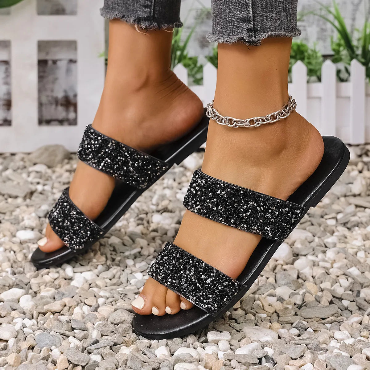 True Allegra — Sequin Open Toe Flats Sandals Fashion Footwear, alternate view 8