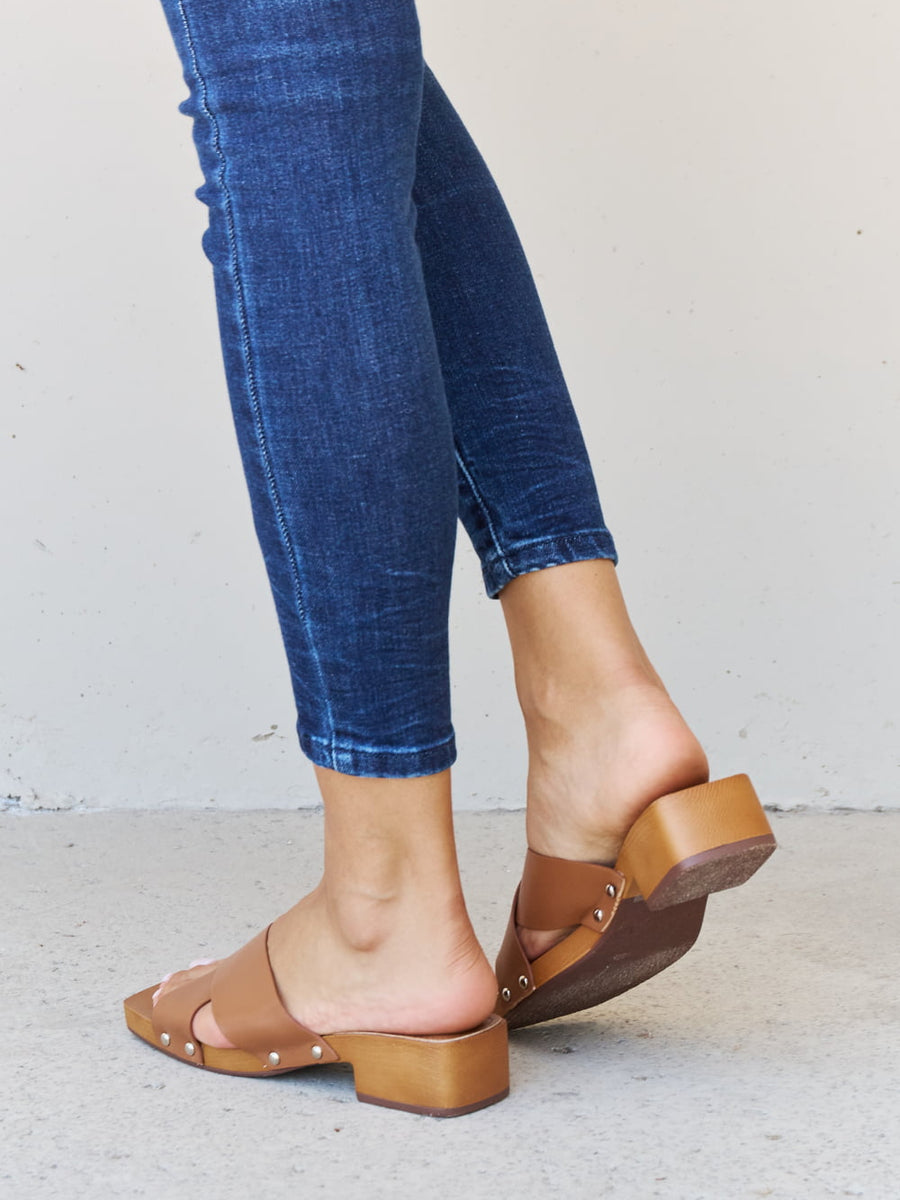 Weeboo Step Into Summer Criss Cross Wooden Clog Mule in Brown - Opulent Empire