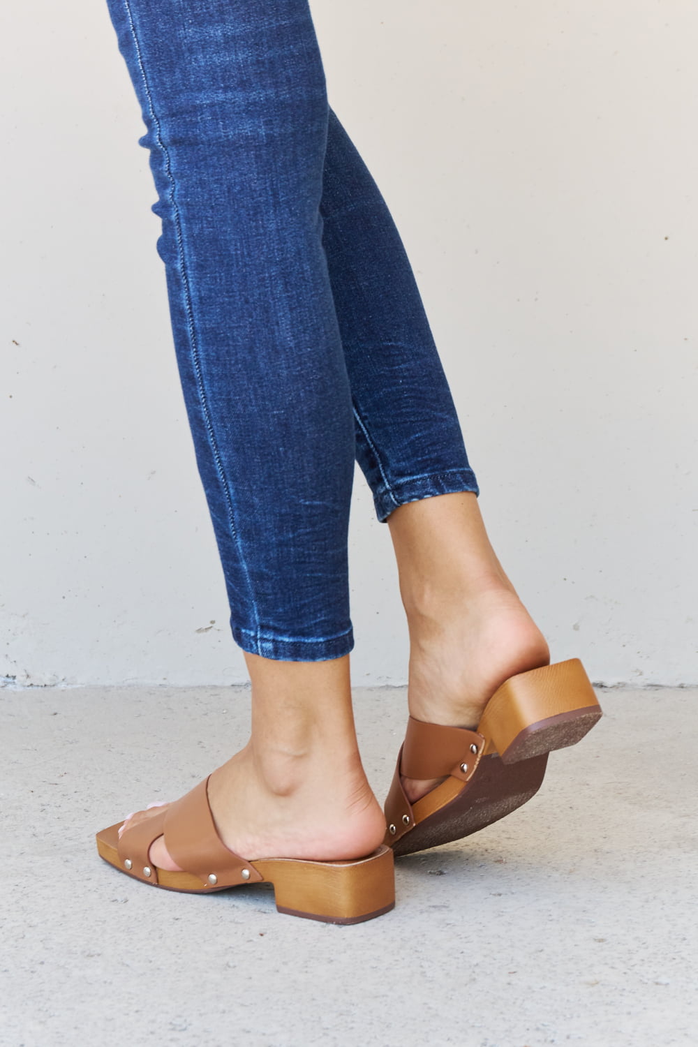 Bellamy Laurent — Weeboo Step Into Summer Criss Cross Wooden Clog Mule in Brown Brown Fashion Footwear, alternate view 4