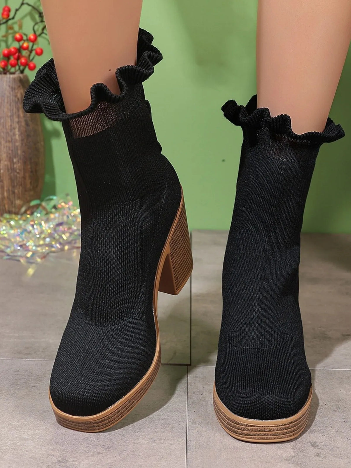 Ellis Bellini — Ruffled Trim Chunky Heel Boots, alternate view 2