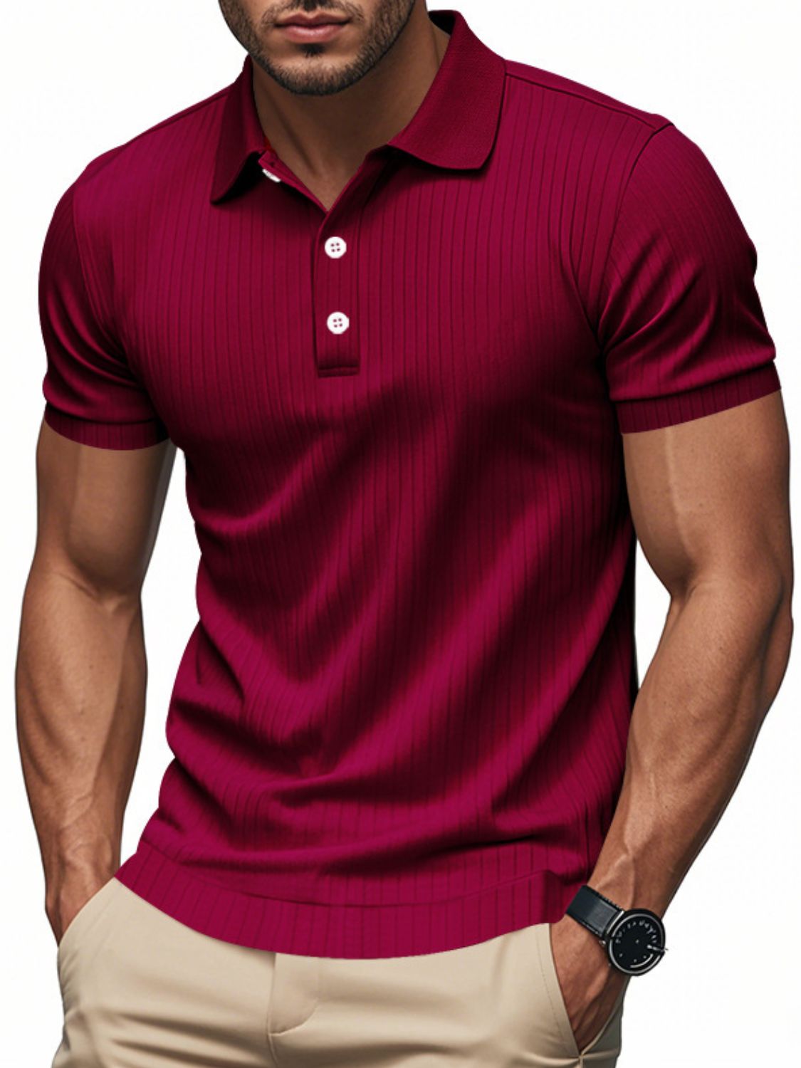 Matteo — Men's Full Size Ribbed Short Sleeve Polo Plus Size Men's Tailored Shorts, alternate view 7