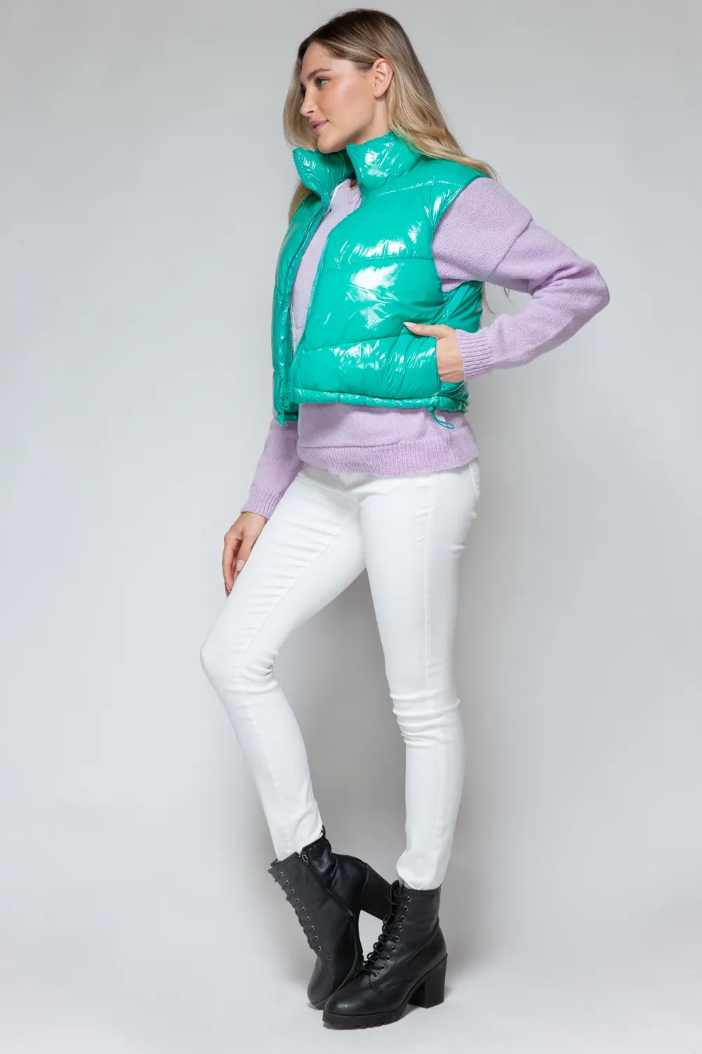 Rowan Saint-Clair — Snobbish Zip Up Turtleneck Shiny Quilted Vest Green Sweater or Cardigan, alternate view 10