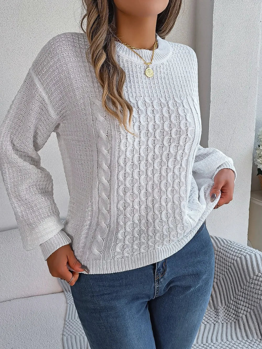 Sage Delacroix — Cable-Knit Round Neck Long Sleeve Sweater, alternate view 7
