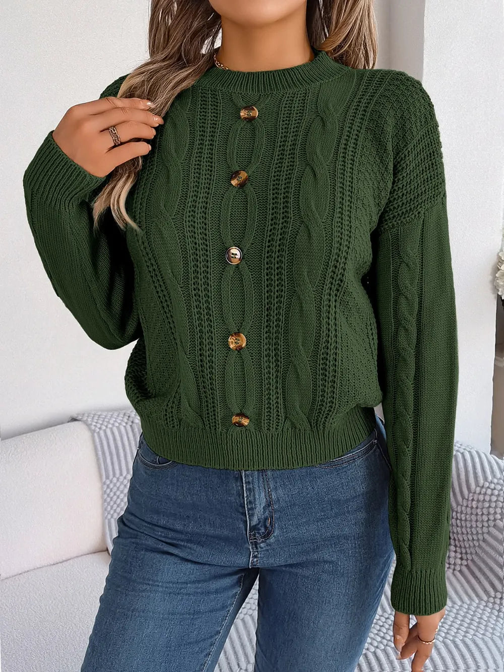 Wren Valmont — Cable-Knit Buttoned Round Neck Sweater, alternate view 9