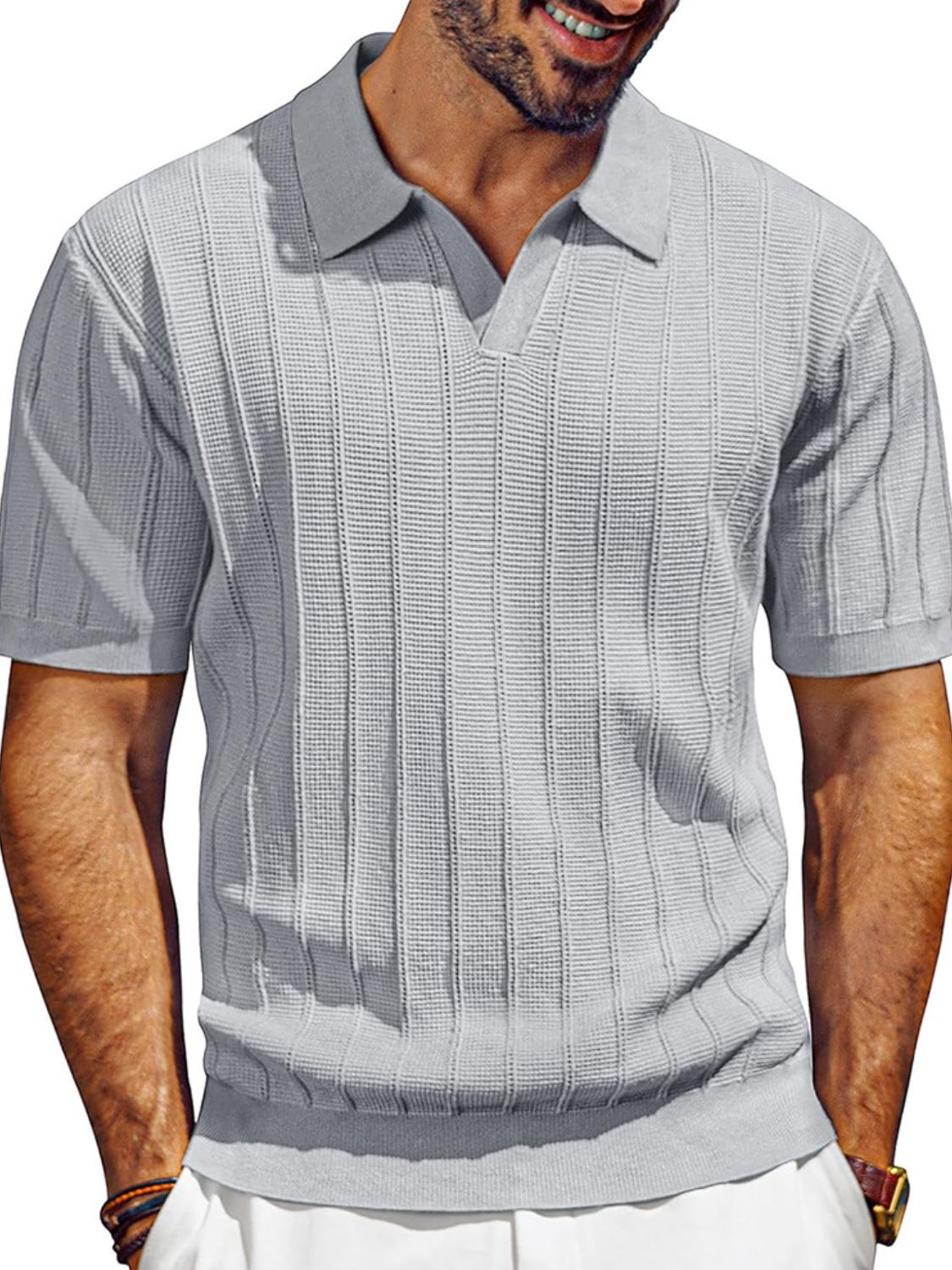 Dorian — Men's Full Size Textured Collared Neck Short Sleeve Polo Plus Size Men's Tailored Shorts, alternate view 7