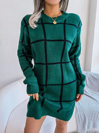 Lior Bellamy — Plaid Round Neck Dropped Shoulder Sweater Dress