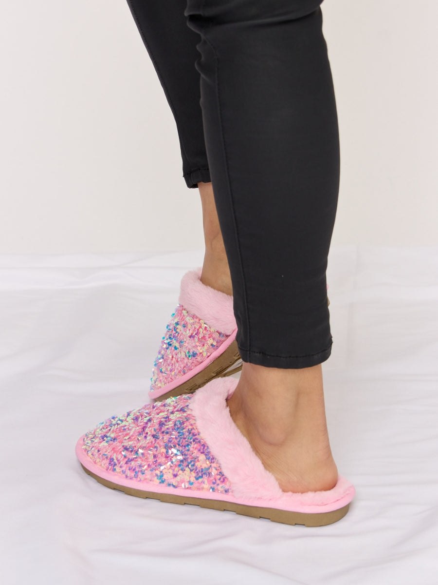 Forever Link Sequin Plush Round Toe Slippers - Opulent Empire